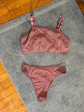 Mauve Ribbed Bralette & High-Cut Bikini Bottom Set runs small